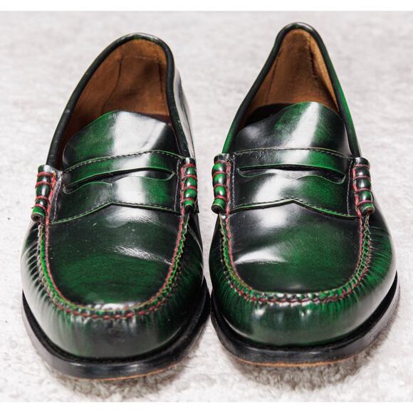 Bass Weejuns Green Black Leather Penny Loafers Contrast Stitching Mens Size 9 - Picture 2 of 16